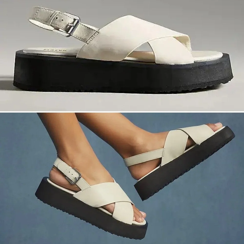 NWT Anthropologie Maeve Chrissy Platform Buckle Sandals Cream‎ Leather Sz 9 $140